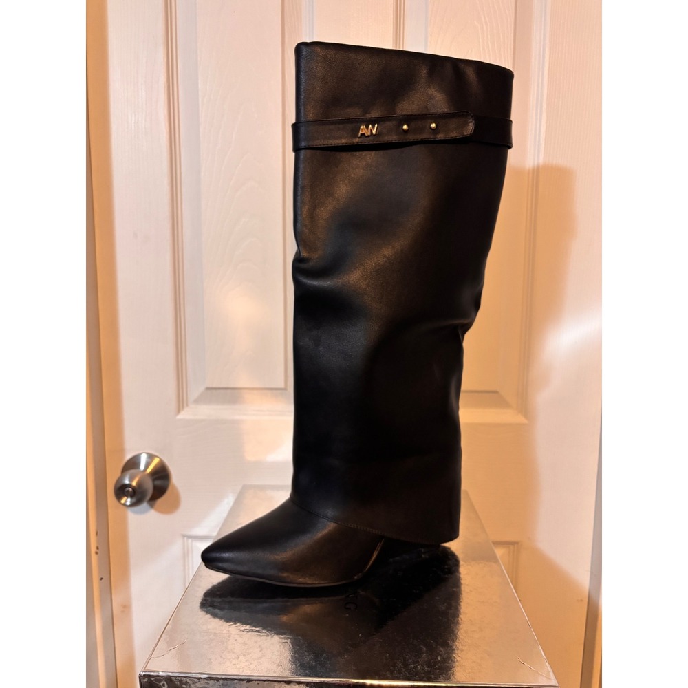 Azalea Wang Melina Black Fold Over Wedge Boots Pointed Toe Knee High Wms 11
